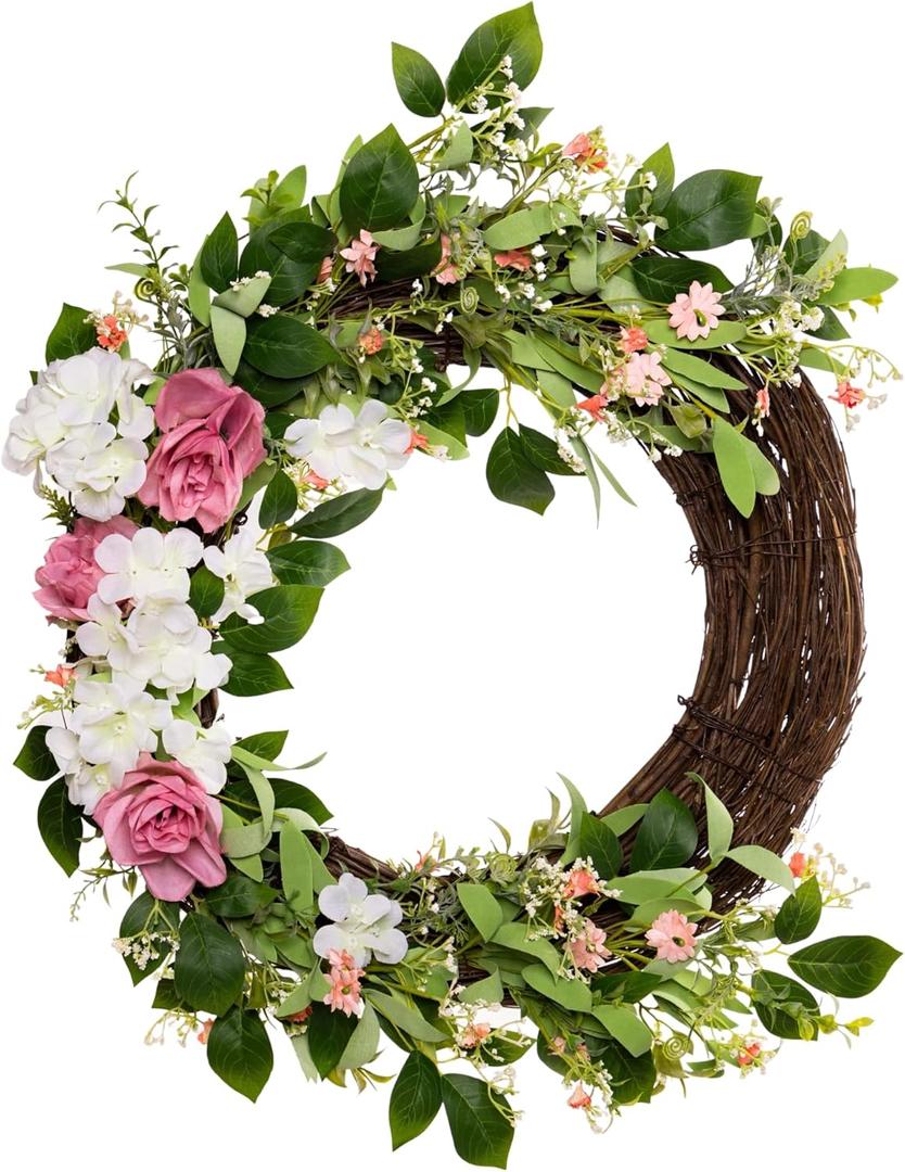 Summer Wreath White and Pink Rose Wild Flower Peony Wreath 24 Inches, Perfect for Spring Wedding Bridal Shower Party Front Door Wall, Designed in USA