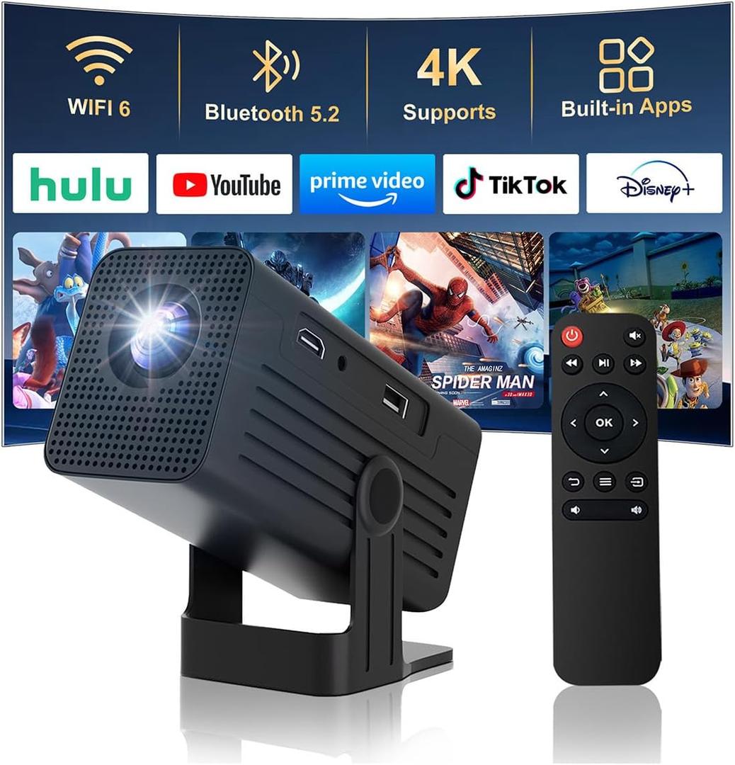 Mini Projector with WiFi and Bluetooth,4K Support 260 ANSl Smart Portable Projector,Auto Keystone, 135 Degree Rotation,Video projector for Home, Bedroom, Outdoor (Black)