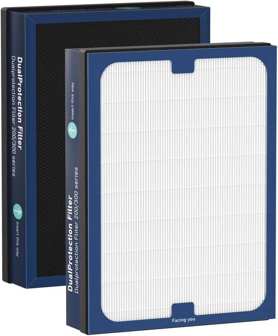 Classic 200/300 Series DualProtection Filter Replacement Compatible with Blueair 200/300 Series, for 200, 201, 203, 205, 210, 215, 250, 270, 280i, 303 Models, True HEPA with Activated Carbon, 2 Pack