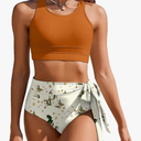 AI'MAGE Womens High Waisted Bikini Set Tummy Control 2 Piece Bathing Suit Modest Racerback Swimsuit 2024 with Tie Side Knot, Large, Caramel Flower
