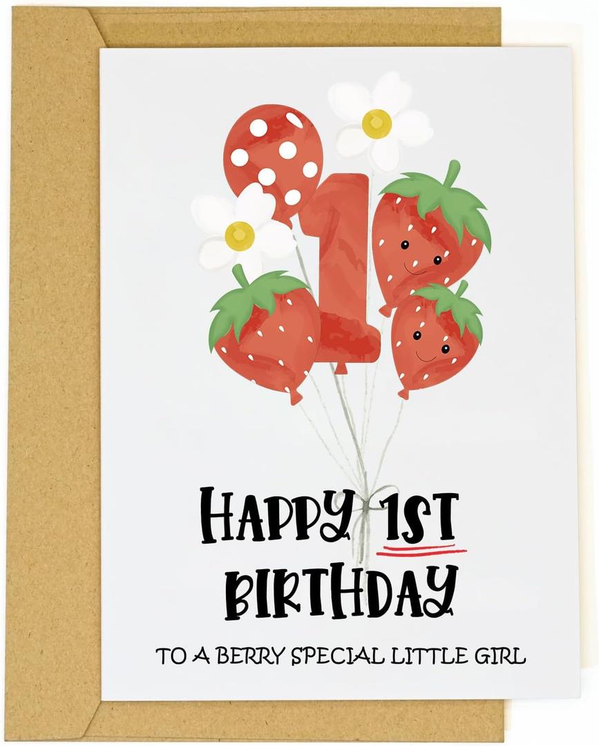 Berry First Birthday Card for GirlSweet Strawberry Themed 1st Birthday Greeting Card for Daughter Niece or Granddaughter  Baby Girl First Gift Card Cute Keepsake (Strawberry-Red)