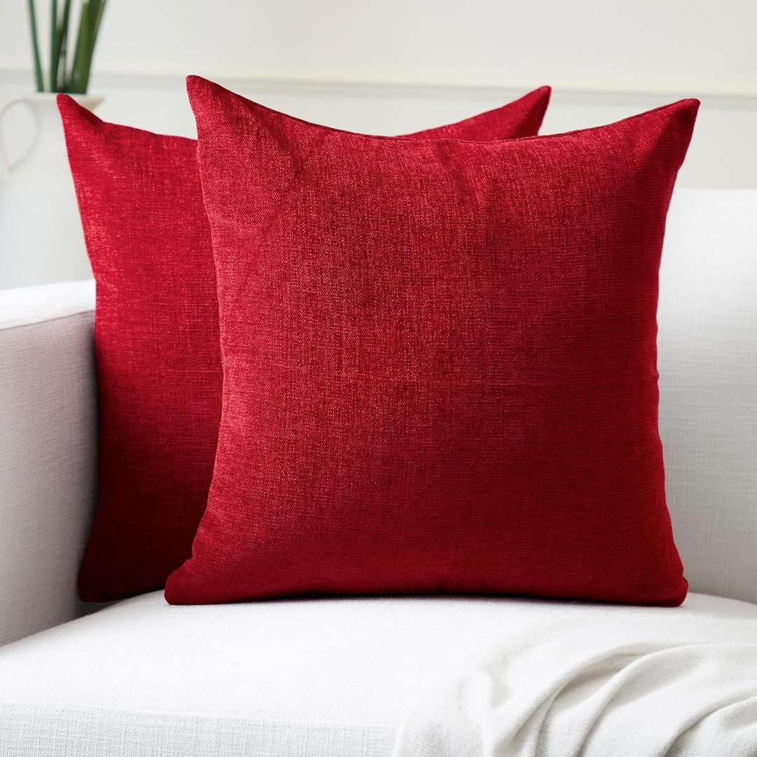 Encasa XO Thick Chenille Throw Pillow Covers Set of 2 | Scarlet Red - (24x24) (60x60 cm) | Decorative Accent Square Throw Pillow Cases for Couch, Home Decor, Sofa