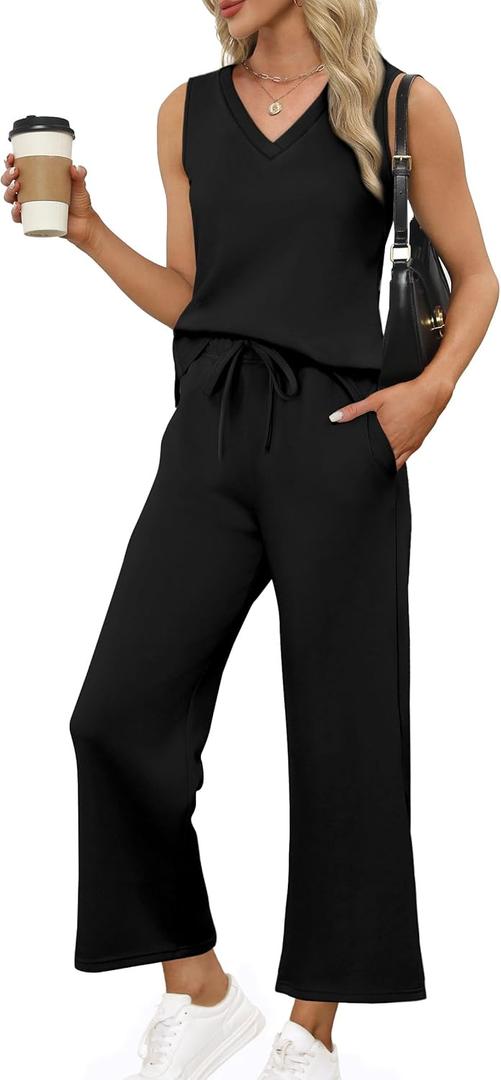 XIEERDUO Two Piece Sets for Women Summer Vacation Travel Outfits V Neck Lounge Matching Sets (Black, XS)