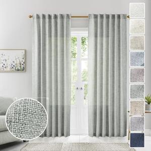 MEETBILY Grey Green Linen Curtains, 96 Inches Long, 2 Panels - Natural Linen Blended Farmhouse Drapes for Living Room, Modern Minimalist Green Semi Sheer Curtains for Bedroom/Home Office
