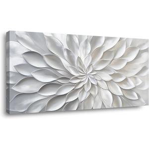 LASMOND White Abstract Floral Wall Art for Bedroom Canvas Painting Prints Modern Lines Blooming Flower Petal Artwork Office Decor (40"L x 20"W)