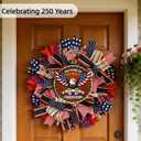 250th Anniversary Patriotic Wreath - 18 Inch Front Door Decor with Wooden Eagle Pattern & Red White Blue Ribbon (Glued on Fabric Base), Handcrafted for 4th of July Independence Day