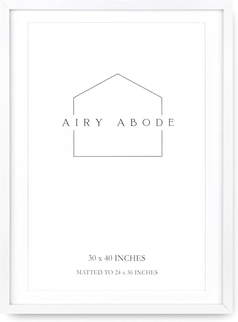 Airy Abode Premium White Wood Picture Frame 30x40 Matted to 24x36 -White