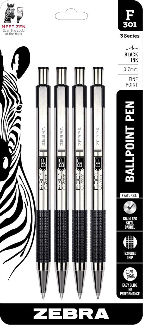 Zebra Pen F-301 Ballpoint Black Ink Fine Point 0.7mm Pen, Easy-Glide Ink, Stainless Steel Retractable, Non-Slip Grip, Professional Design, Ideal for Office, Journal and Planner Use, 4-Pack (27114)