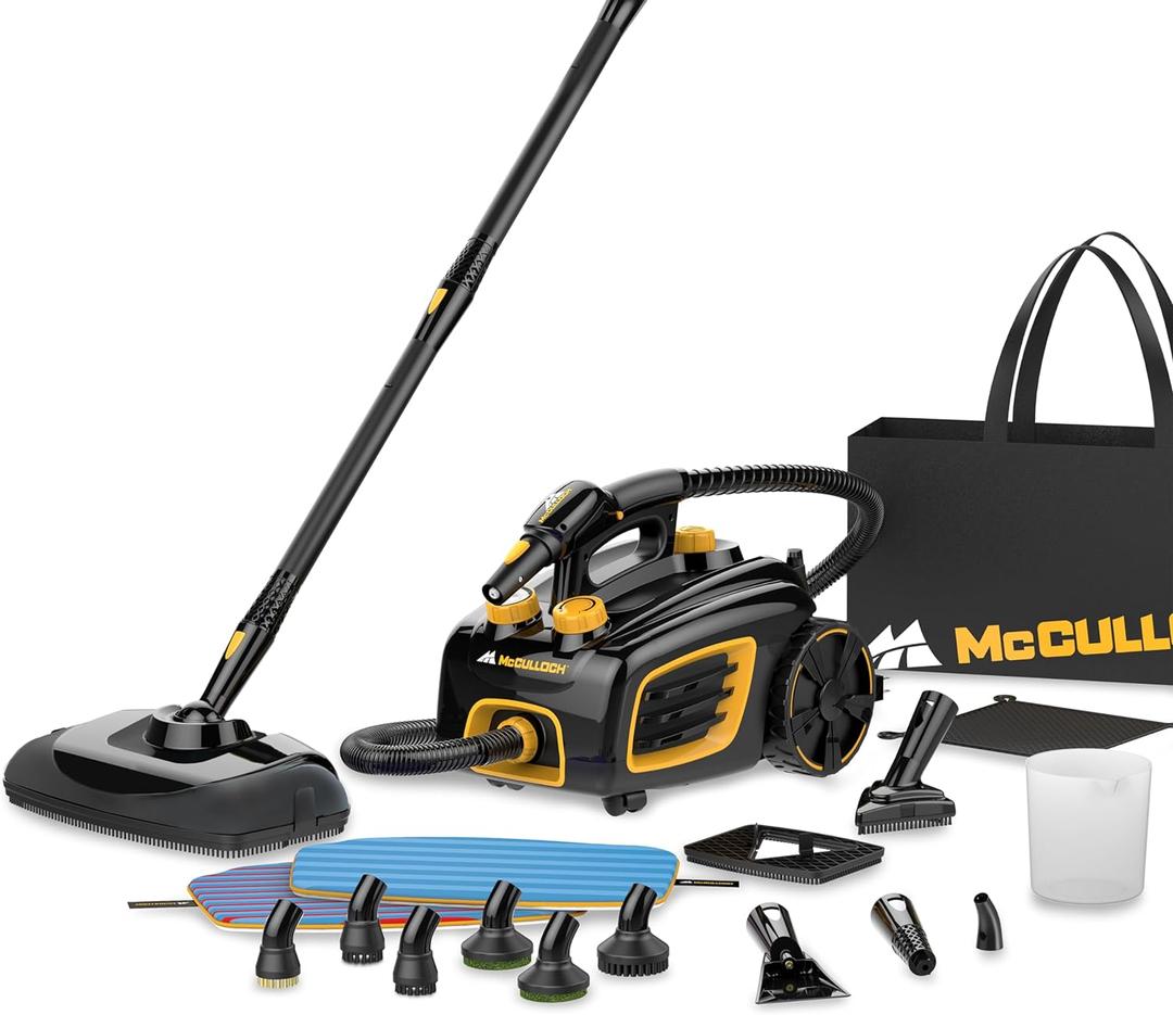 McCulloch Canister Steam Cleaner MC1375, 90 Minute Runtime, 20 Accessories: Jet Nozzle, Brushes, & More - Built for Home, Tile, Grout, Carpet, Furniture, & Personal Car Detailing