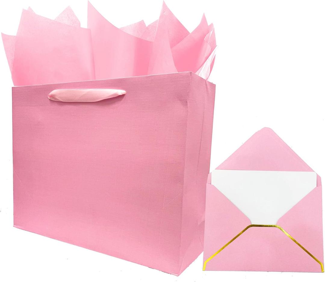 jabberwpacking 9" Medium Pink Premium Gift Bag with Tissue Paper and Card (Silk Paper Gift Bag) for Women Girl Birthday Baby Shower