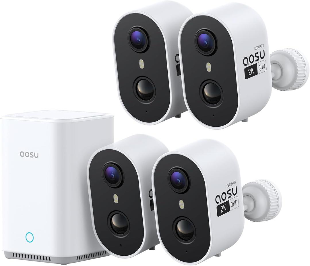 aosu Wireless Indoor/Outdoor Security Camera Kit with aosuBase Local Storage, 2K with 6X Zoom, 4-View Live, Cross-Camera Person Timeline, PIR + AI Human Detection, Color Night Vision, 4-Cam-Kit