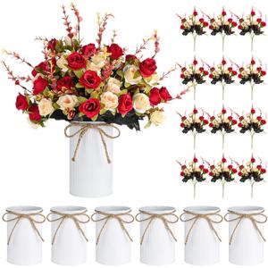 6 Set Fake Flower in Vase, Artificial Flowers with Vase, Centerpiece Table Decorations with 6 Pcs 6 Inch Large Vases and 12 Pcs Mixed Colors Silk Rose Bouquet for Wedding Home Office Farmhouse Decor