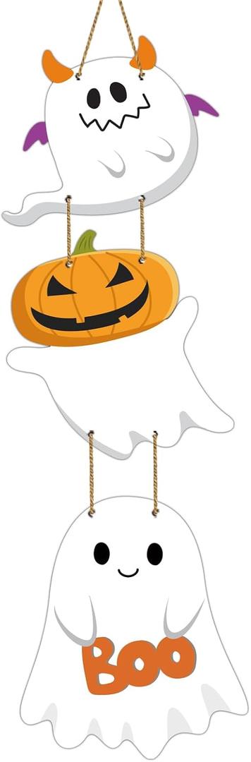 2 x Halloween Door Decorations Halloween Wreath Cute Ghost Decor Boo Sign Wooden Front Door Hanger Ghost Hanging Sign Wreath for Wall Indoor Home Decor