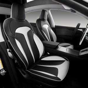 Custom Fit Seat Covers for 2025 2026 Tesla Model Y Juniper (5-Seater), Waterproof Breathable Nappa Leather, OEM Style Full Set Protectors, Airbag Compatible - Black+White