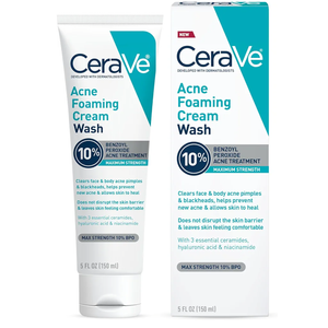 CeraVe Acne Foaming Cream Wash, Gentle Face and Body Cleanser with Benzoyl Peroxide 10%, Hyaluronic Acid, and Niacinamide, 10% Benzoyl Peroxide Treatment Clears Pimples and Blackheads 5 Oz