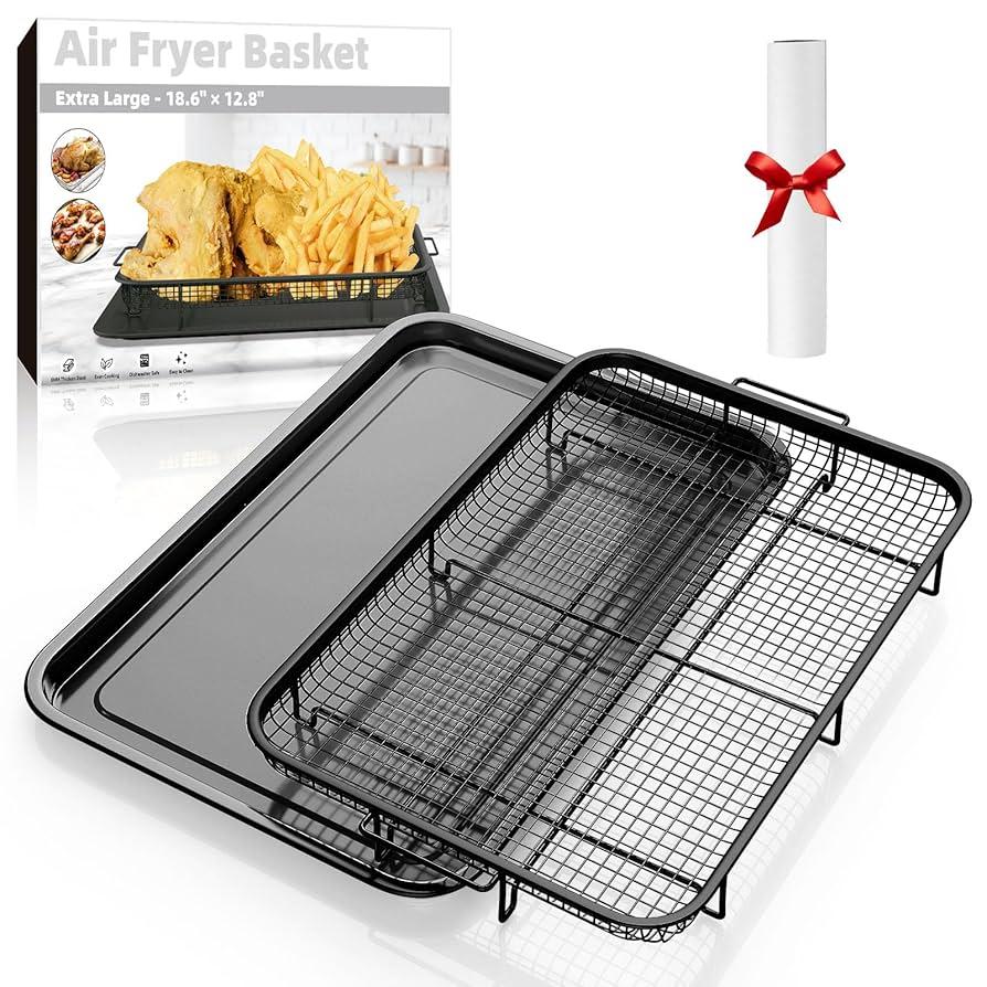 Air Fryer Basket for Oven, Extra Large 18.8" x 12.8" Oven Air Fryer Basket and Tray Set with 30 PCS Parchment Papers, DEGOVIN Stainless Steel Oven Pan and Crisper Tray (Black)