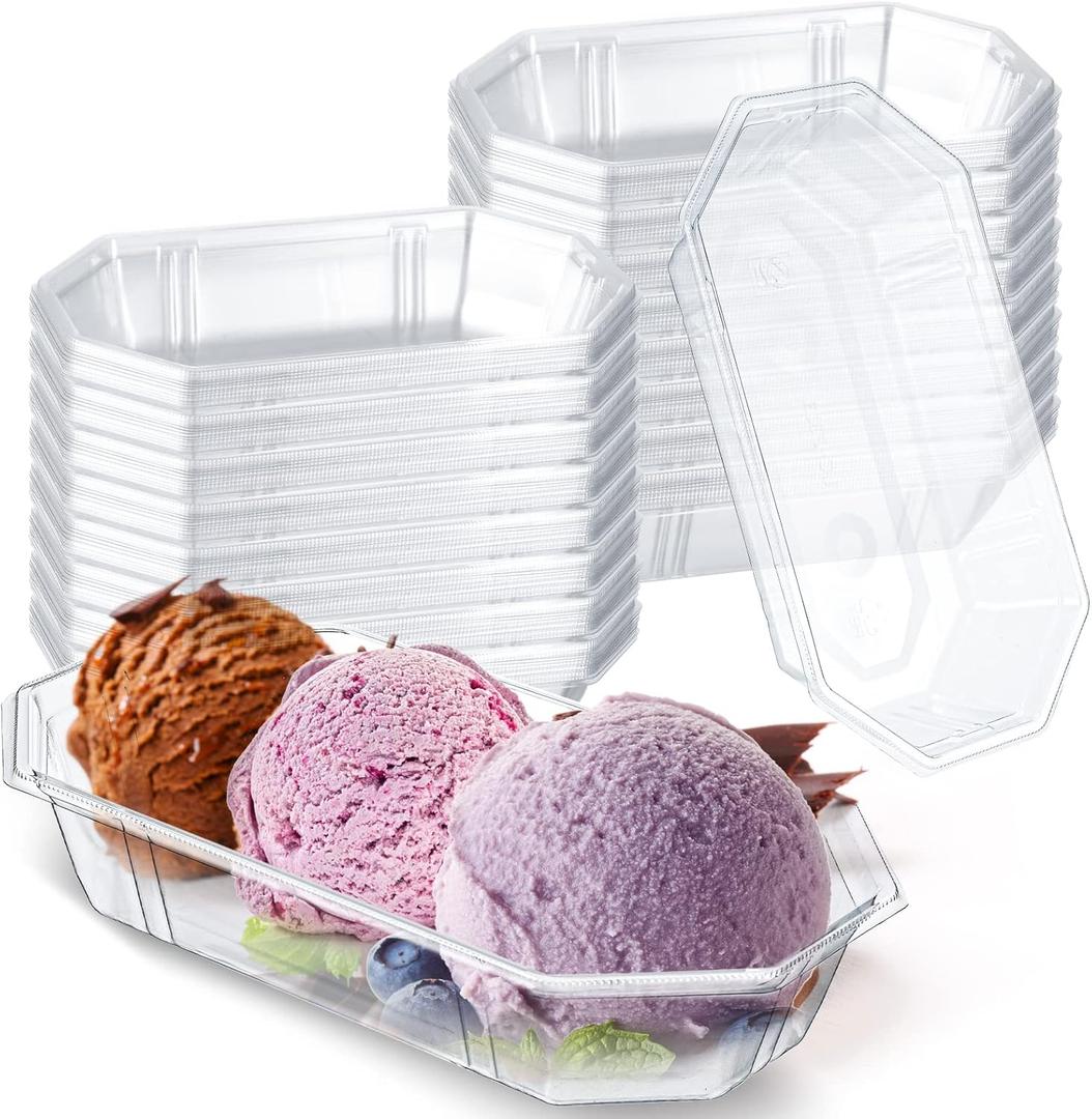 Harloon 100 Pack Clear Plastic 12 oz Banana Split Boats Disposable Ice Cream Sundae Bowls Pet Banana Split Bowls Oblong Serving Boat Sundae Splits Bowl Dessert Tray for Carnivals Birthday Party