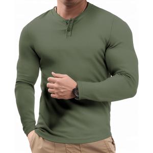 JMIERR Mens Muscle Slim Henley Shirt Button V-Neck Long Sleeve Gym Workout Athletic T Shirts (Green, XXXL)