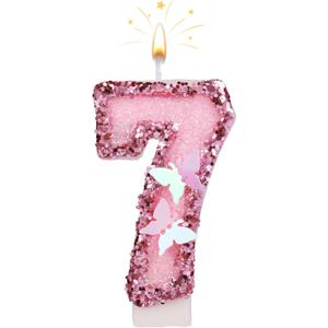 4 x 2.7 Inch Birthday Number Candles, Pink Number Candles Cake Topper Butterfly Birthday Candles with Sequins Glitter for Anniversary Celebrations Supplies (Number 7)