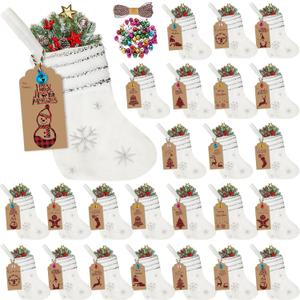 24 Set Mini White Christmas Stockings Set 6 Inch Faux Fur Xmas Hanging Stocking Small Plush Xmas Stocking with Sequin Snowflake Christmas Kraft Gift Tags (Silver,Stylish)