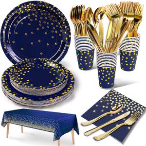 Nkaiso 141 Pieces Navy Blue Gold Party Supplies, Disposable Party Decorations Sets Include Paper Plates Napkins Cups, Plastic Forks Knives Spoons, for Baby Shower Birthday Wedding -20 Guests