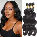 Human Hair Bundles Natural Black Color Body Wave Bundles Human Hair Unprocessed Brazilian Virgin 16 18 20 inch 3 Bundles Quick Weave Human Hair Extensions 300g (1B Body, 16 18 20)