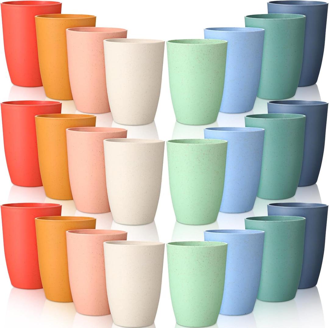 24 Pcs Wheat Straw Reusable Cups 12 oz Unbreakable Drinking Glasses Sets Healthy Tumbler Set Dishwasher Safe Tumbler for Home Outdoor, 8 Colors