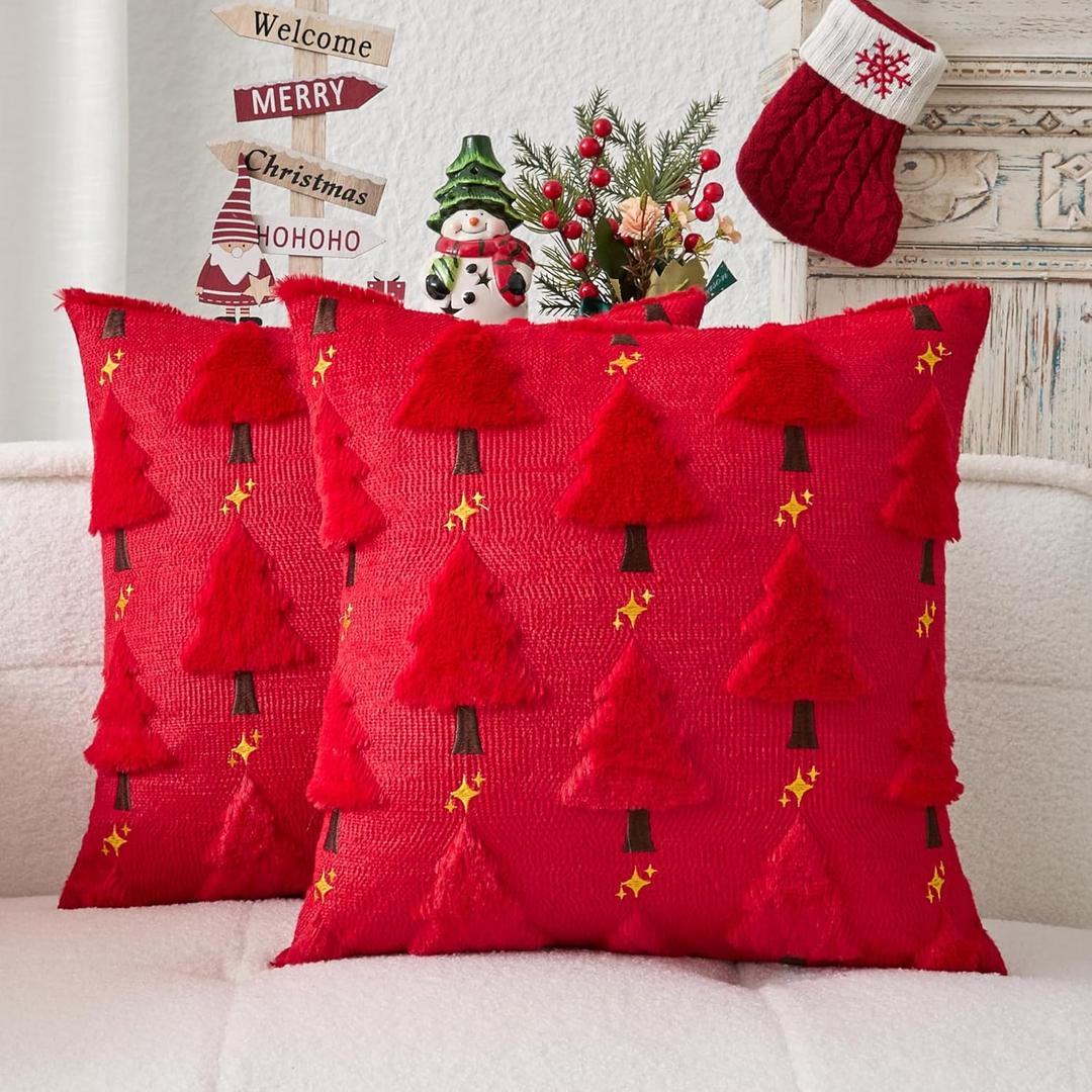 Kevin Textile Christmas Tree Pillow Covers 18x18 Inch Set of 2 Twinkle Golden Star Embroidery Soft Plush Faux Fur Throw Pillowcases for Couch Sofa Holiday Festivals Winter Xmas Gift, Red