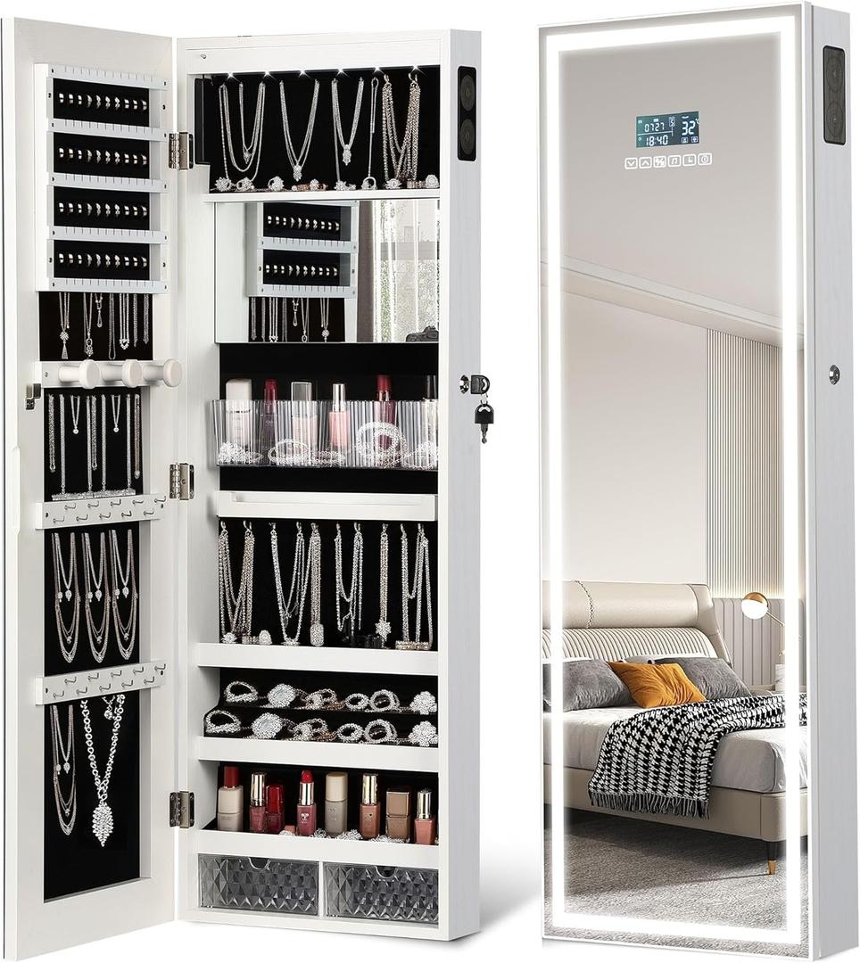 LED Mirror Jewelry Cabinet with Bluetooth Speaker, Wall/Door Mounted Jewelry Organizer Armoire, Full Length Lighted Mirror with Jewelry Storage,Jewelry Box Standing for Women