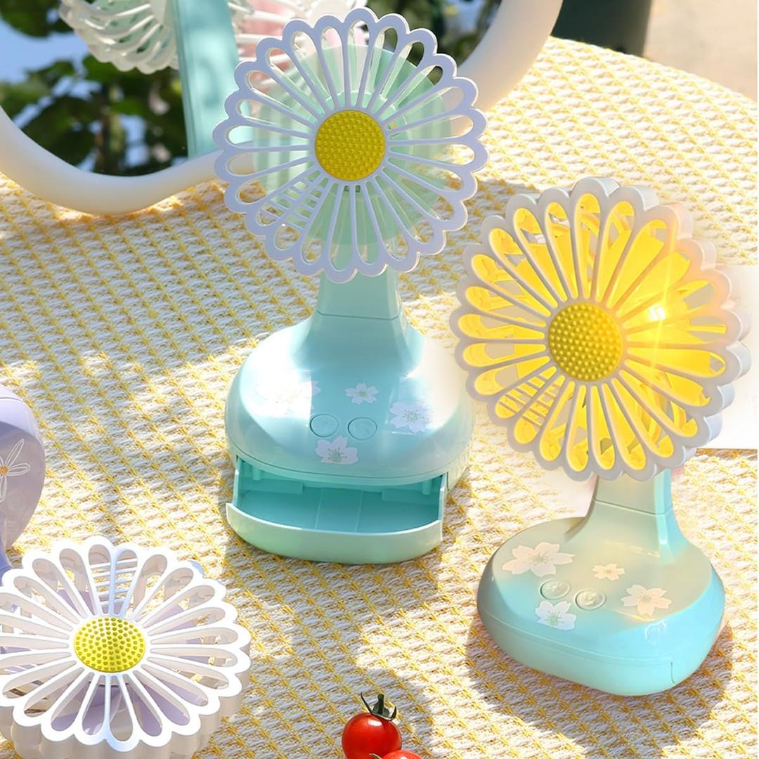 Mini Charging Fan with LED Light, Cute Green Chrysanthemum Shaped Small Fan, 3-mode Multifunctional with Storage Box and Stand, 1 Pc