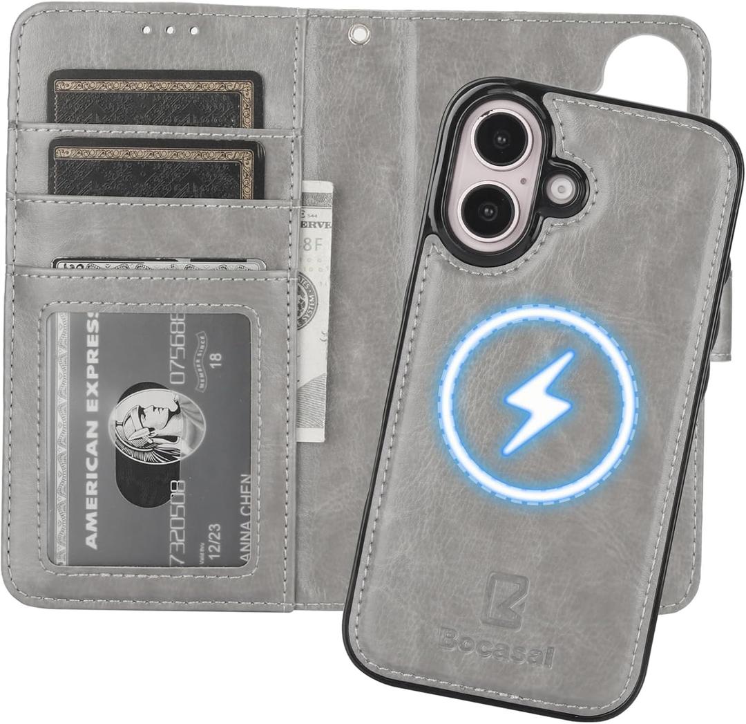 Bocasal for iPhone 16 Wallet Case Compatible with MagSafe Wireless Charging, RFID Blocking Magnetic Leather Case with Card Slots Holder Kickstand Detachable Wrist Strap 6.1 Inch (Grey)