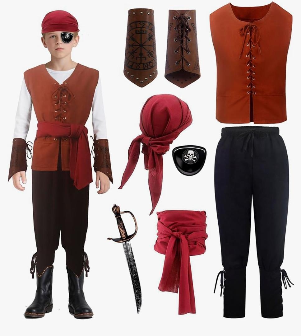Kids Pirate Costume Boys Renaissance Set for Halloween Renaissance Festival Cosplay 4-12years, M