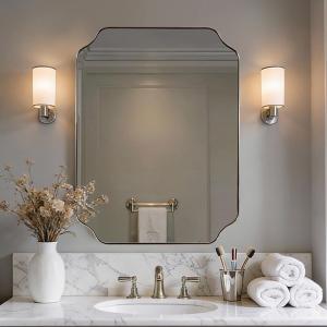 MIRRORART Gold Bathroom Mirrors 22x30, Scalloped Brass Vanity Mirrors Rounded Notched Corner in 1 Anti-Rust Seamless SUS304 Metal Frame Wall Mounted Vertical/Horizontal for Bathroom, Over Sinks