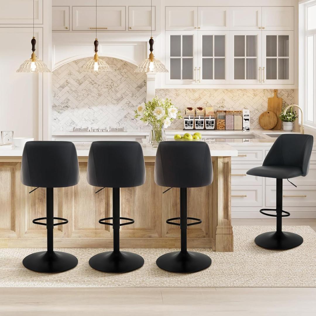 COLAMY Bar Stools Set of 4, Modern Swivel Bar Chairs, Adjustable PU Leather Upholstered Barstools Counter Height with Full Backrest for Bar, Dining Room, Kitchen Island, Black