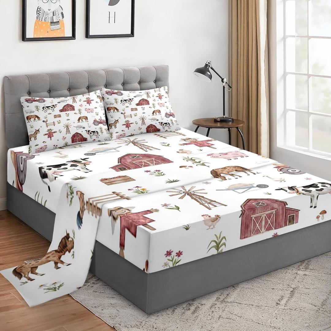 WeCozy Full Size 4 Pcs Bed Fitted Sheet Set with 14" Deep Pocket, Animal Farm Tractor Flat Sheet Set for Kids and Adults, House Tree Pig Bedding with 2 Pillowcases for Bedroom Decor