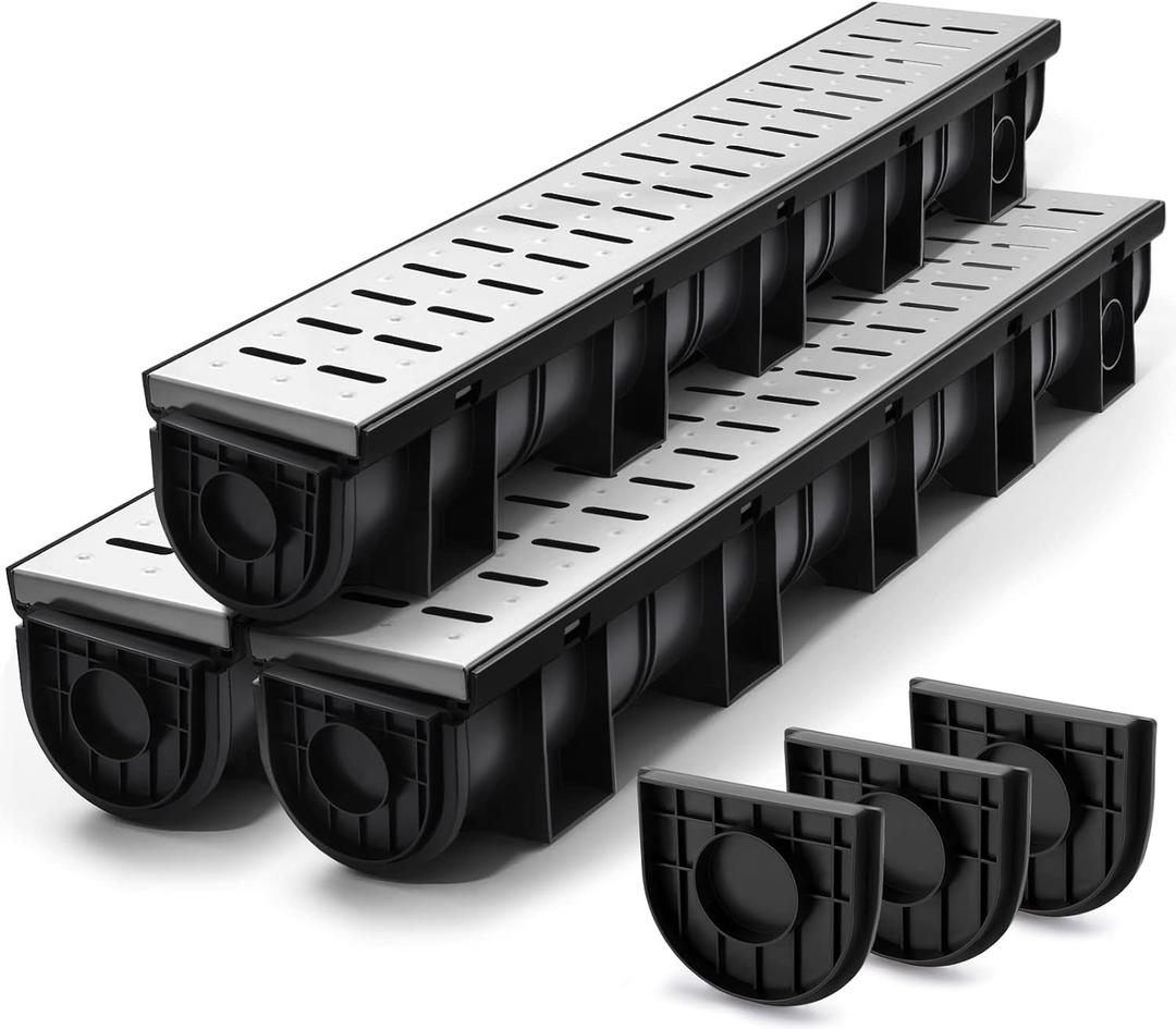 Amylove 3 Sets Channel Drain 39.4 x 5.9 x 5.1 Inches, Trench Drain System Garage Floor Drainage Trench with 3 Stainless Steel Drainage Grates and 3 Plastic End Caps for Pool Driveway, Black