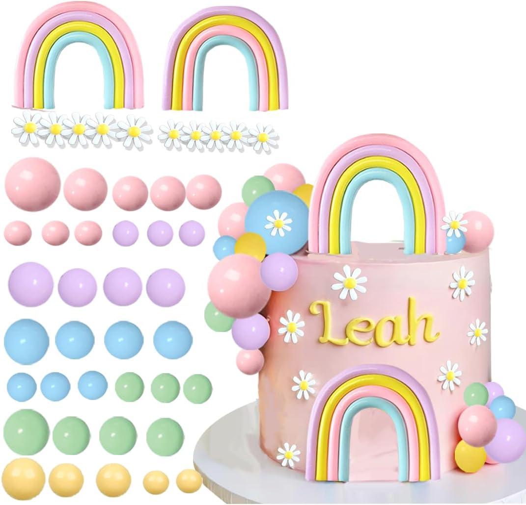 Rainbow Daisy Flower Pastel Balls Cake Topper Set - 40 Pcs, Boho Rainbow Birthday