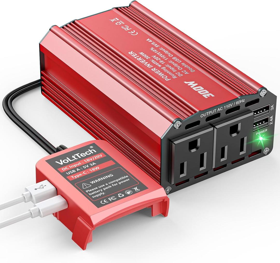 300W Power Inverter 18V to 110V for Milwaukee Battery: VoLtTech Battery Inverter DC Charger Adapter with 2 AC Outlet & 2 USB Port for Car, Vehicles, Laptop, Computer, Phone, String Light, Fan