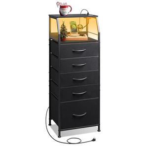 WLIVE LED Nightstand with Charging Station, Fabric Dresser with 5 Drawers for Bedroom, Tall Night Stand with Open Shelves, Bed Side Tables Living Room, Black