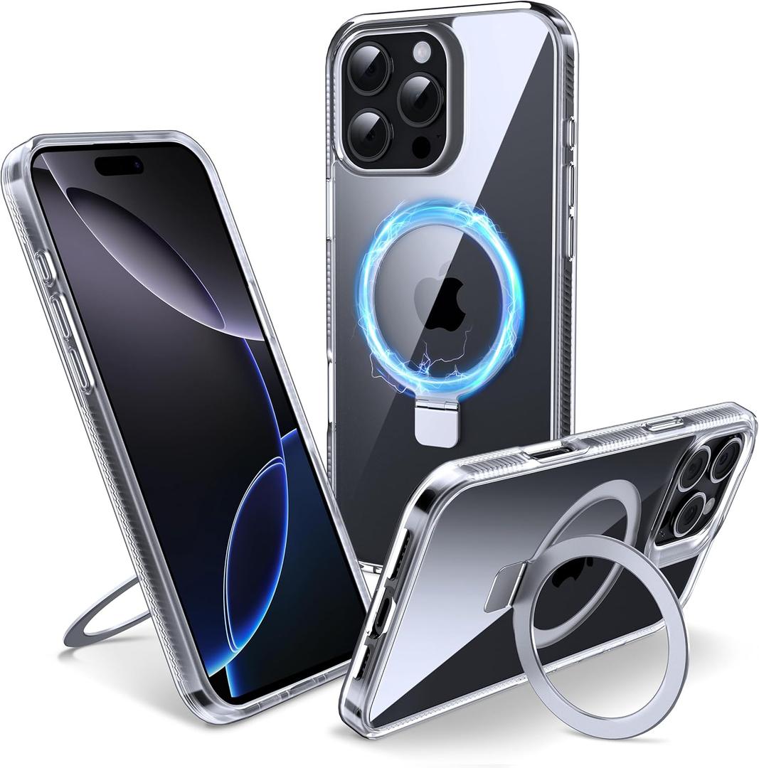 Magnetic Case for iPhone 16 Pro Max - [Built-in Invisible Stand] [Compatible with MagSafe] [Military Grade Drop Protection] Anti-Yellowing Hard Back Silicone Edge Cover, 6.9", Clear Black