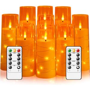 Flameless LED Candles with Timer 9 Pc Flickering Flameless Candles for Romantic Ambiance and Home Decoration Stable Acrylic Shell,with Embedded Star StringBattery Operated CandlesOrange