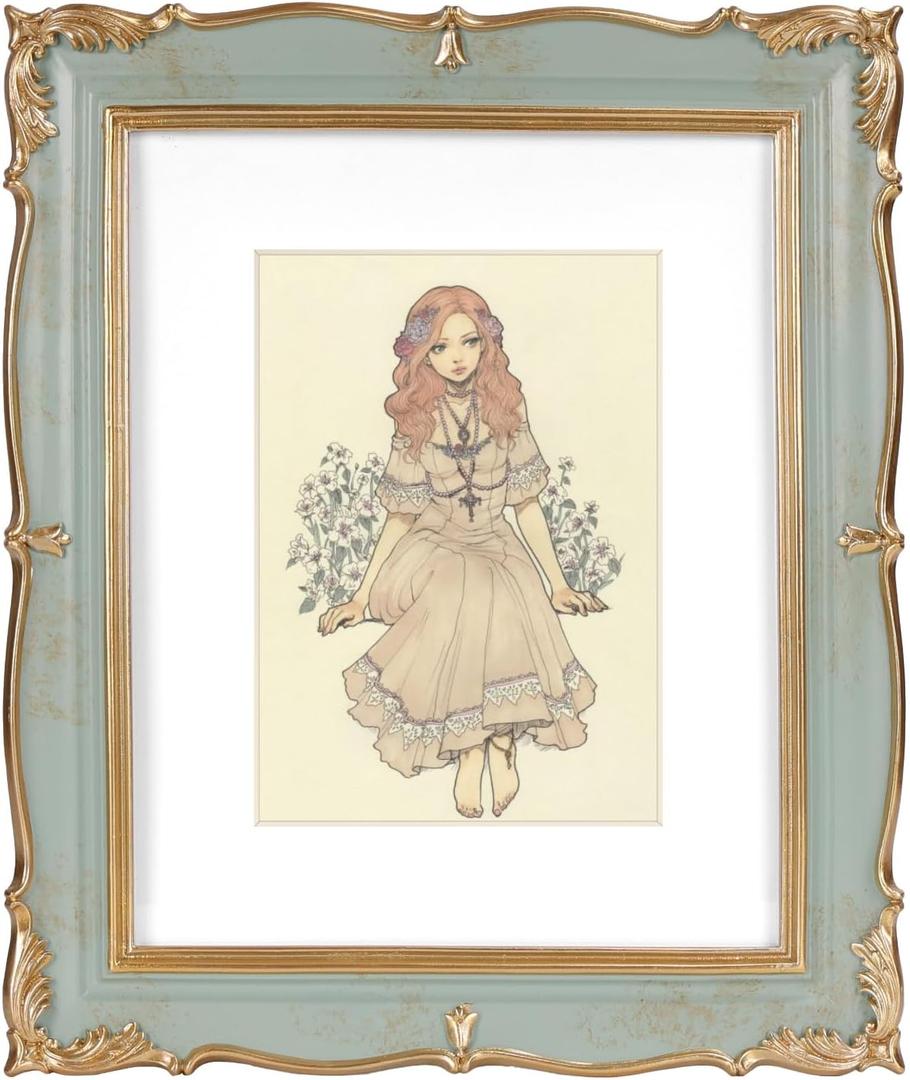PHAREGE Vintage Picture Frame 8x10 Light Green Gold, 8 by 10 Ornate Decorative Antique Frame with Mat for 5x7 Photo, Fancy Matted Frame for Desktop or Wall, Horizontal or Vertical