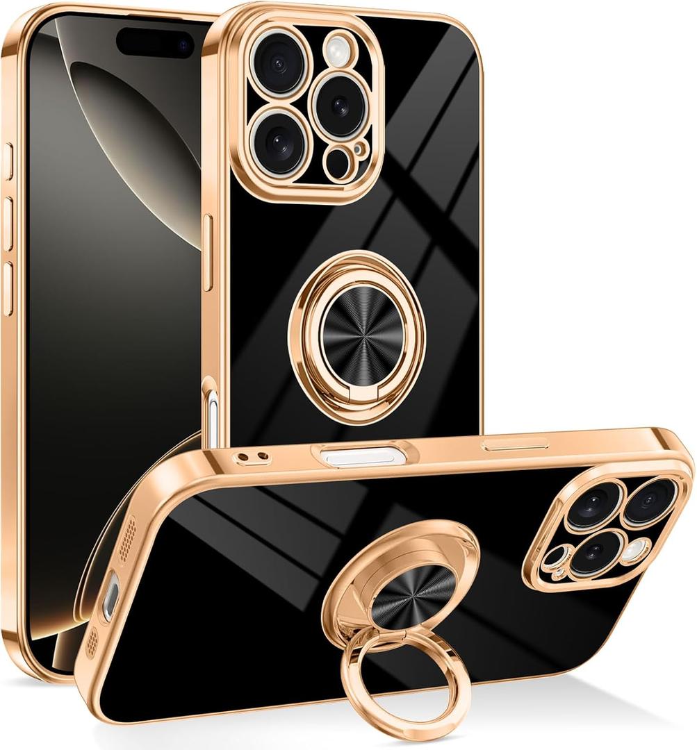 Dinick Designed for iPhone 16 Pro Case with Ring Holder Soft TPU Bumper Glitter Plated Slim Cover for Women Men Finger Stand for iPhone 16 Pro Case Black and Gold