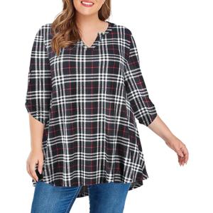 MONNURO Women's 3/4 Sleeve V Neck Plus Size Shirts Casual Loose Swing Floral Print Fall Tunic Tops (1X, Plaid Black)