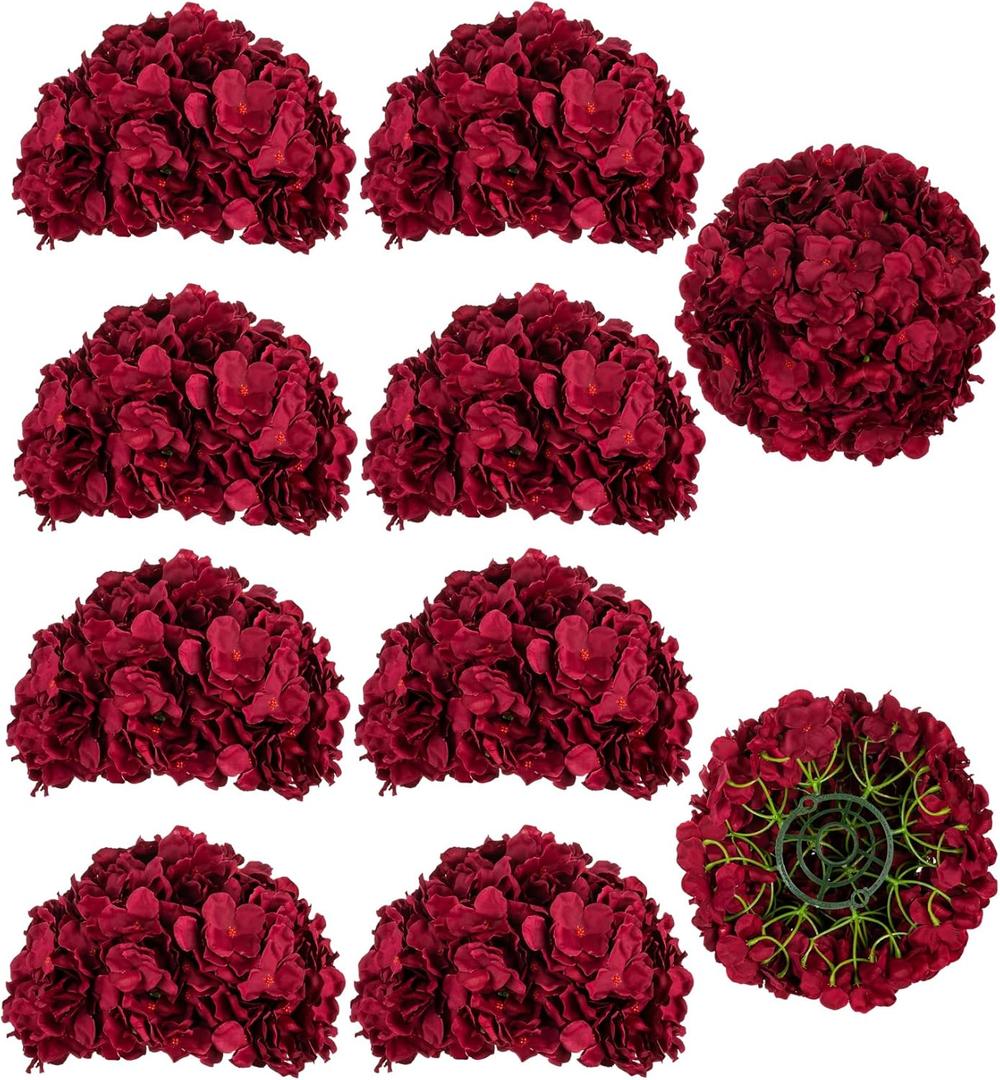 BLOSMON Hydrangea Artificial Flowers Ball Centerpieces 10 Pcs Burgundy Fake Flowers Silk Hydrangea Flower Balls Faux Hydrangeas Floral Arrangements Bouquet for Wedding Home Room Table Decoration