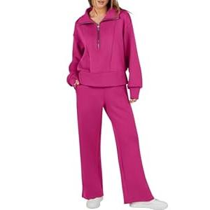 ANRABESS Womens 2 Piece Sweatsuits Half Zip Sweatshirt Sweatpant Two Piece Outfits Fall Tracksuit Sweat Lounge Matching Sets Hot Pink, Small