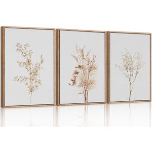Ausril Wildflower Floral Framed Canvas Wall Art Set, Beige Botanical Wall Decor, Minimalist Nature Flower Wall Painting, Modern Boho Farmhouse Art Print for Living Room, Bedroom, Office- 16"x24"x3 (16*24inch)