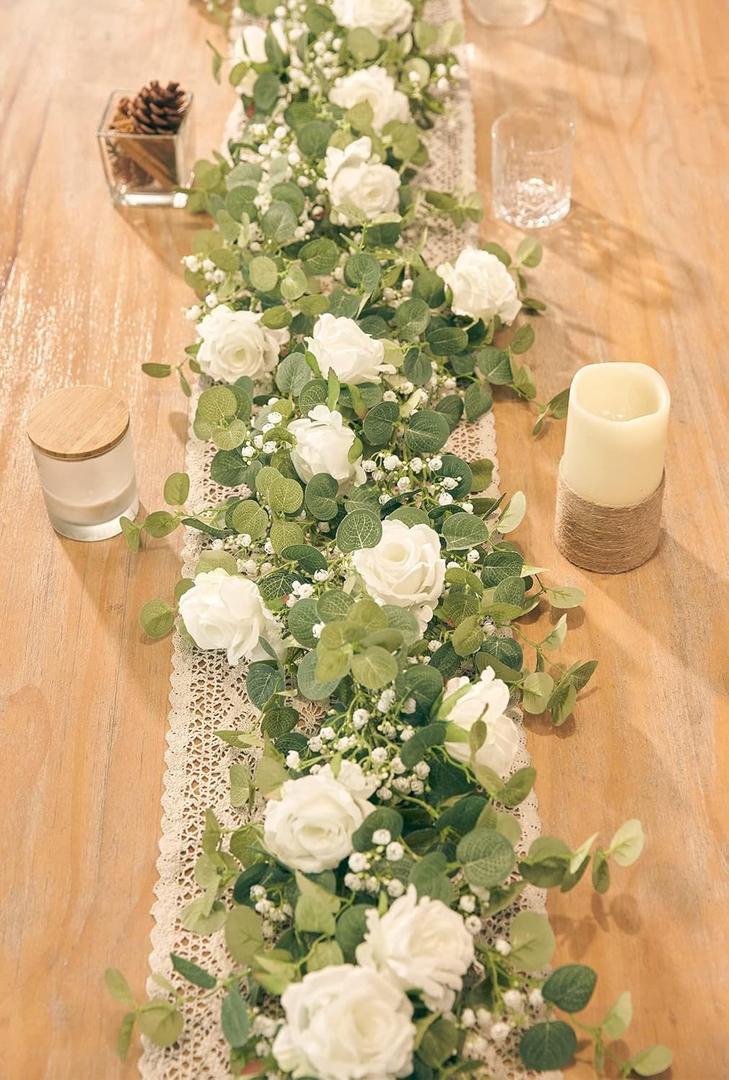 Anna's Whimsy 5.91FT Artificial Eucalyptus Garland with Flowers, Fake Flower Rose Gypsophila, Faux Floral Greenery Garland for Wedding Spring Home Party Craft Art Table Runner Decor (1PCS, Ivory White)