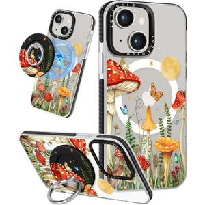 for iPhone 13 Case for Women Girls - Cute Design Compatible with Magsafe Magnetic Ring Holder Stand Mushroom Butterfly Aesthetic Pattern TPU Phone Covers for iPhone 13 Phone Case