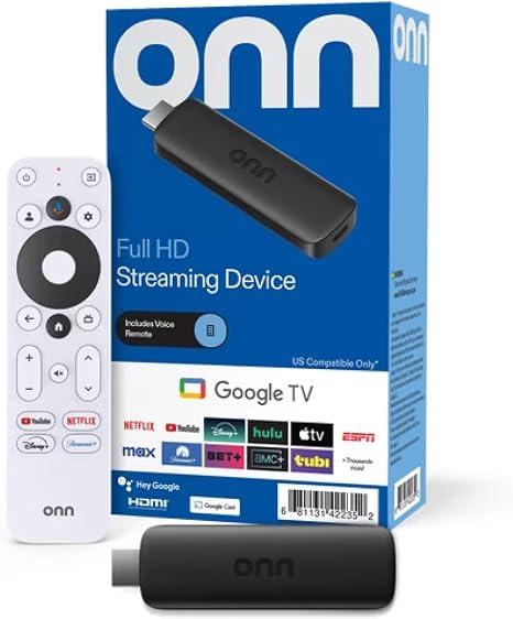 ONN Android TV 2K FHD Streaming Stick with Remote Control & Power Adapter WiFi HDMI Chromecast Built-in